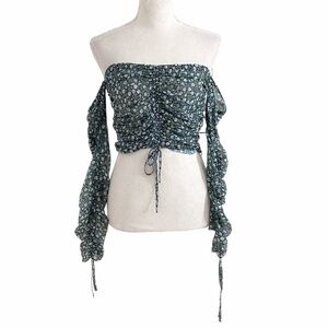 THE EAST ORDER FLORAL CINCHED LACE UP OFF THE SHOULDER SHEER CROPPED TOP